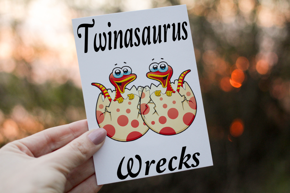 Twinasaurus Wrecks Dinosaur Twins Card, Congratulations for Baby